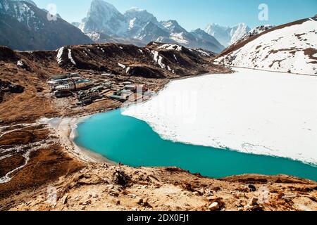 Amazing blue Gokio lake under ice and snow, Nepal, Himalayas Stock Photo