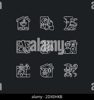 Home accidents prevention chalk white icons set on black background Stock Vector