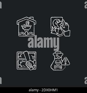 Preventing house hazards chalk white icons set on black background Stock Vector
