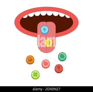 Tongue with ecstasy pills vector illustration in cartoon style. Drug abuse addiction concept Stock Vector