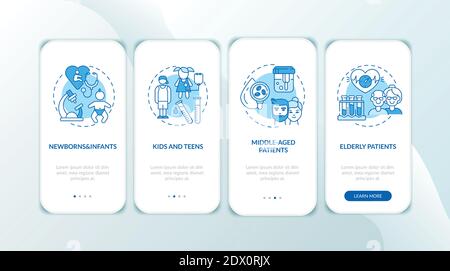 Health checkup age groups onboarding mobile app page screen with concepts Stock Vector