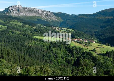Itxina mountain with Zaloa and Urigoiti villages, Orozko, Basque Country in Spain Stock Photo