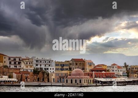 Dramatic stormy sky over the Old Port of Chania, in Crete island, Greece, Europe. Stock Photo