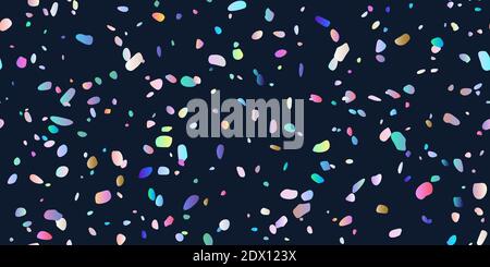 Festive seamless pattern falling pleasing rainbow confetti. Admirable bright sparkling background with random particles on black. Celebration colorful Stock Vector