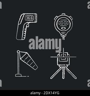 Measuring tools chalk white icons set on black background Stock Vector