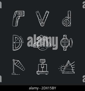 Measuring instruments chalk white icons set on black background Stock Vector