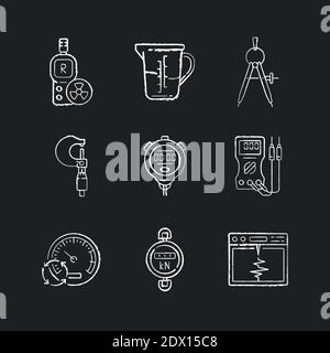 Measuring instruments chalk white icons set on black background Stock Vector
