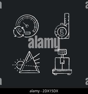 Measuring tools chalk white icons set on black background Stock Vector