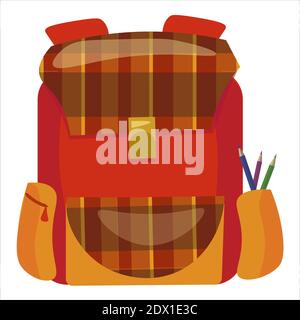 Vector red checkered school backpack with pencils Stock Vector