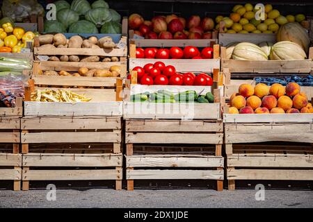 Crates with fruits and vegetables of street market in Sarajevo, capital of Bosnia and Herzegovina, Europe. Stock Photo