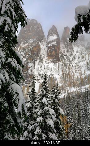 WA18788-00...WASHINGTON - A brief break in the clouds over Early Winter Spires from the Blue Lake Trail on a snowy day in the North Cascades. Stock Photo