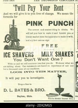 Antique June 1896 advertisement by D.L. Bates & Bro. of Dayton, Ohio, for their Ice Shavers and Milk Shakes in The Druggists Circular and Chemical Gazette. Offer is for a free Pink Punch recipe with purchase of a machine. SOURCE: ORIGINAL ADVERTISEMENT Stock Photo