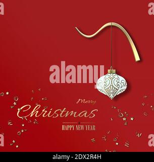 Christmas New Year holiday card with turquoise blue Xmas ball bauble with golden oriental ornament and confetti on red background. Gold text Merry Christmas Happy New Year. 3D illustration Stock Photo