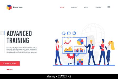 Website interface creative landing page design, cartoon flat businessman trainer teaching analytics business student people. Coursework education technology, training course vector illustration Stock Vector