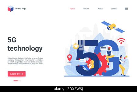 Cartoon modern landingpage, banner design with networking user people using high speed technology, internet system telecommunication, global cloud broadcast. 5G network concept vector illustration Stock Vector