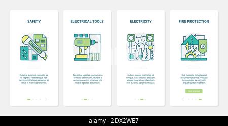 Safety and health protection during construction vector illustration. UX, UI onboarding mobile app page screen set with line safe technology, electricity, tools and measures to protect against fire Stock Vector