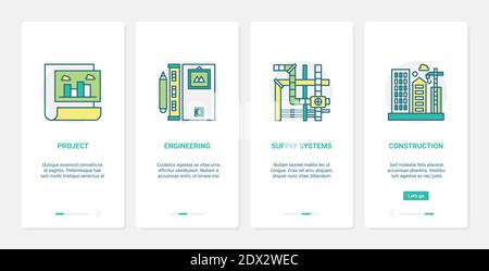 Building construction engineering project vector illustration. UX, UI onboarding mobile app page screen set with line architect engineer tools, water supply, gas supply and sewerage system symbols Stock Vector