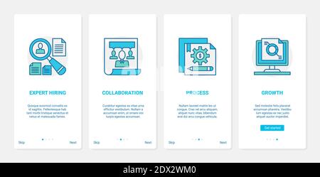 Expert recruitment and collaboration vector illustration. UX, UI onboarding mobile app page screen set with line recruit management hiring symbols for hr company, business partnership, growth process Stock Vector
