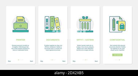 Print confidential office document vector illustration. UX, UI onboarding mobile app page screen set with line printer, file and folder with paper or digital documents symbols, dustbin for waste Stock Vector