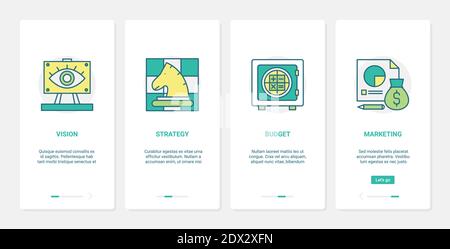 Business vision leadership, digital marketing strategy vector illustration. UX, UI onboarding mobile app page screen set with line leader mission tools, success budget research and finance planning Stock Vector