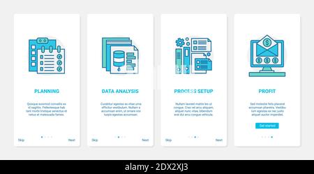Financial data analysis, business process planning vector illustration. UX, UI onboarding mobile app page screen set with line planner checklist symbol, analyzing measures, finance profit growth Stock Vector