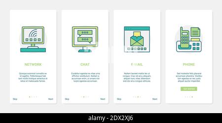 Social media communication and networking vector illustration. UX, UI onboarding mobile app page screen set with line chat messages on computer screen, phone conversation and chatting, network symbols Stock Vector