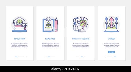 Business career, education and problem solving vector illustration. UX, UI onboarding mobile app page screen set with line educational symbols, expert brain leadership, growth of leader career skills Stock Vector