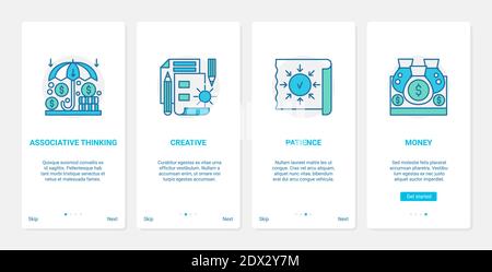 Creative money making vector illustration. UX, UI onboarding mobile app page screen set with line associative financial thinking, finance protection creativity symbols, success result achievement Stock Vector