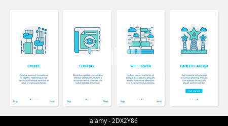 Boost business career growth, power of leadership vector illustration. UX, UI onboarding mobile app page screen set with line leader career ladder symbol, willpower in achieving results and control Stock Vector