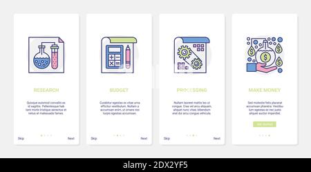 Business market research to make money vector illustration. UX, UI onboarding mobile app page screen set with line researcher analyst hand making money coins, financial profit, budget analysis process Stock Vector