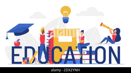 Education word vector illustration. Cartoon flat tiny student people study, man woman characters sitting with pile of books, big letters and telescope spyglass. Educational concept isolated on white Stock Vector