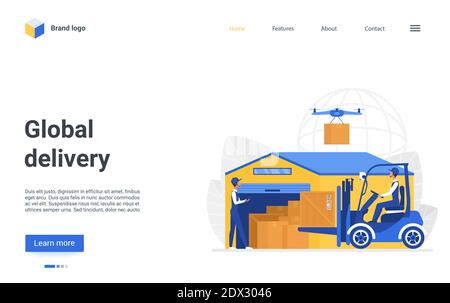 Cartoon landing page, website interface design for warehousing business service with worker loading boxes using loader near warehouse storage, global warehouse delivery logistics vector illustration Stock Vector