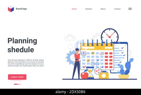 Cartoon flat businessman character makes plan of business work task in organizer reminder or planner, landing page website design for scheduling, timing strategy, planning schedule vector illustration Stock Vector