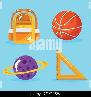 bundle of four back to school icons Stock Vector