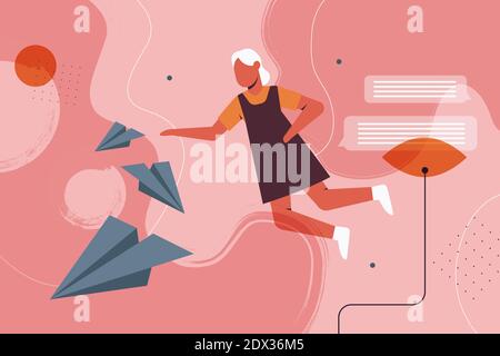 Paper planes fly, chat communication creative abstract concept vector illustration. Cartoon woman character flying with origami airplane and chatting bubbles messages, virtual conversation background Stock Vector