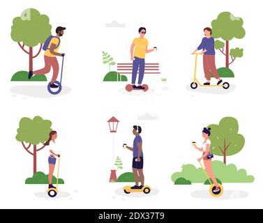 Eco city transportation activity vector illustration set. Cartoon active woman man character riding electric eco friendly transport in public park, scooter, hoverboard or gyroscooter isolated on white Stock Vector