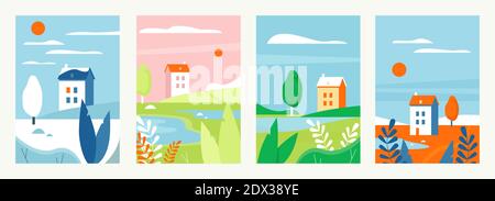 Nature landscape with houses in different seasons vector illustration set. Cartoon vertical simple minimalist landscape design, rural countryside scenes, farm houses in summer autumn winter spring Stock Vector