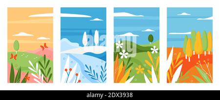 Minimalist nature season vector illustration set. Abstract natural landscape in vertical banners collection, summer winter spring autumn hills with colorful plants, flowers and leaves, sky with clouds Stock Vector