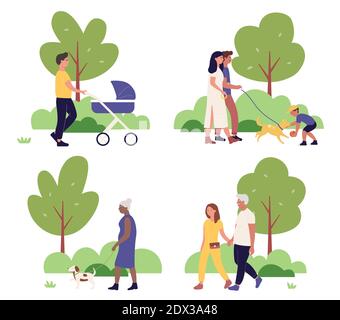 People walking in city park together vector illustration set. Cartoon cityscape summer park scenes collection, happy family characters walk and play with dog, father with stroller isolated on white Stock Vector