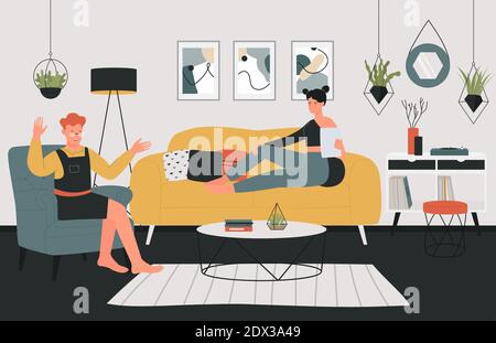 Students spend fun time together vector illustration. Cartoon happy young guy and girl friends sitting on sofa and armchair in home living room interior, characters studying and talking background Stock Vector