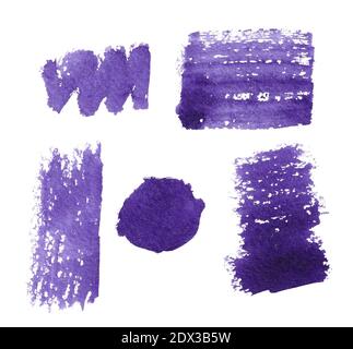 Set of watercolor spots on a white background. Watercolor textures with brush strokes. Isolated dark blue, lilac spots. Stock Photo