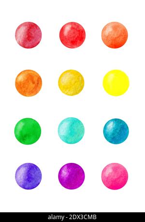 Set of watercolor shapes on white background. Round shapes pattern. Watercolor color balls, spheres. Red, pink, orange, yellow, green, blue purple lil Stock Photo