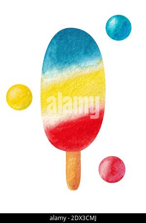 Hand drawn watercolor ice cream on white background with color balls, spheres.. Fruit ice cream in red, yellow and blue colors. Summer print Stock Photo