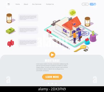 isometric concept of a young guy taking out a mortgage on a house, landing page for real estate business Stock Photo