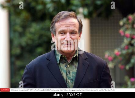 US actor Robin Williams has been found dead, aged 63, in an apparent suicide, California police say Monday August 11, 2014. Marin County Police said he was pronounced dead at his home shortly after officials responded to an emergency call around noon local time. Williams was famous for films such as Good Morning Vietnam and Dead Poets Society and won an Oscar for his role in Good Will Hunting; File photo : © Giancarlo Gorassini/ABACA. 38757-3. Paris-France, 08/10/2002. American actor Robin Williams during a photocall at Bristol Hotel to promote his new film One Hour Photo Stock Photo