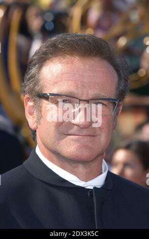 US actor Robin Williams has been found dead, aged 63, in an apparent suicide, California police say Monday August 11, 2014. Marin County Police said he was pronounced dead at his home shortly after officials responded to an emergency call around noon local time. Williams was famous for films such as Good Morning Vietnam and Dead Poets Society and won an Oscar for his role in Good Will Hunting; File photo : © Lionel Hahn/ABACA. 50073. Los Angeles-CA-USA, 21/09/2003. Robin Williams arrives at the 55th Annual Primetime Emmy Awards at the Shrine Theater. Stock Photo