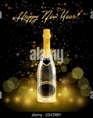 Sparkling bottle of champagne with golden serpentine on black background, bokeh effect with happy new year sign Stock Vector