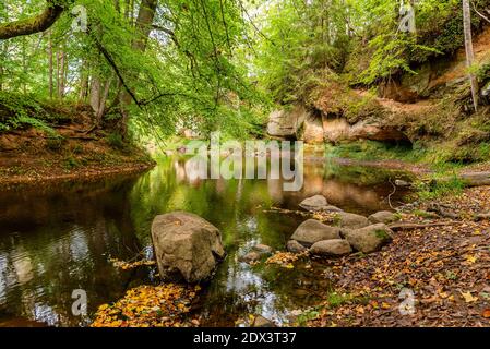 surrounded by forest, the steep bank of the river with the calm river water flowing past, in which the surrounding natural beauty can be seen as a ref Stock Photo