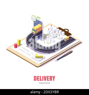 low poly illustration business of delivering goods online through the application around the city and around the world. Vector isometrics Stock Vector