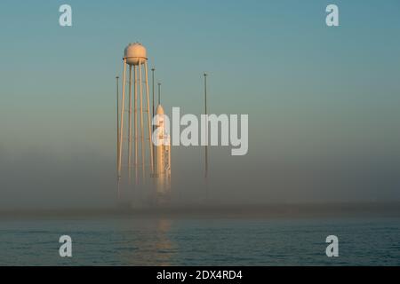 The Orbital Sciences Corporation Antares rocket, with the Cygnus spacecraft onboard, is seen during sunrise, Saturday, July 12, 2014, at launch Pad-0A of NASA's Wallops Flight Facility in Virginia. The Antares will launch with the Cygnus spacecraft filled with over 3,000 pounds of supplies for the International Space Station, including science experiments, experiment hardware, spare parts, and crew provisions. The Orbital-2 mission is Orbital Sciences' second contracted cargo delivery flight to the space station for NASA. Editorial Use Only. Handout Photo by Bill Ingalls/NASA/ABACAPRESS.COM Stock Photo